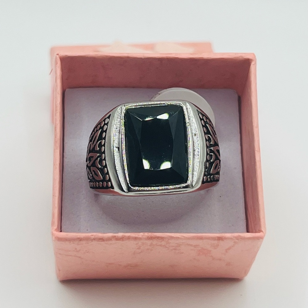Men's Black Silver Ring, Stainless Steel, Size: 10
